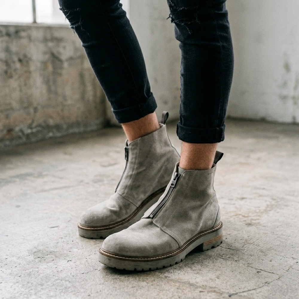 AllSaints Mens Master Boot 13 Grey Suede Front Zip Lug Sole Grunge Industrial